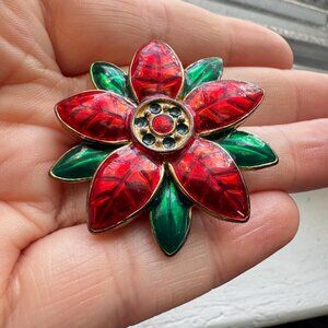 Vintage Poinsettia Brooch Red Green Enamel Flower Pin, Gold Tone Holiday Jewelry